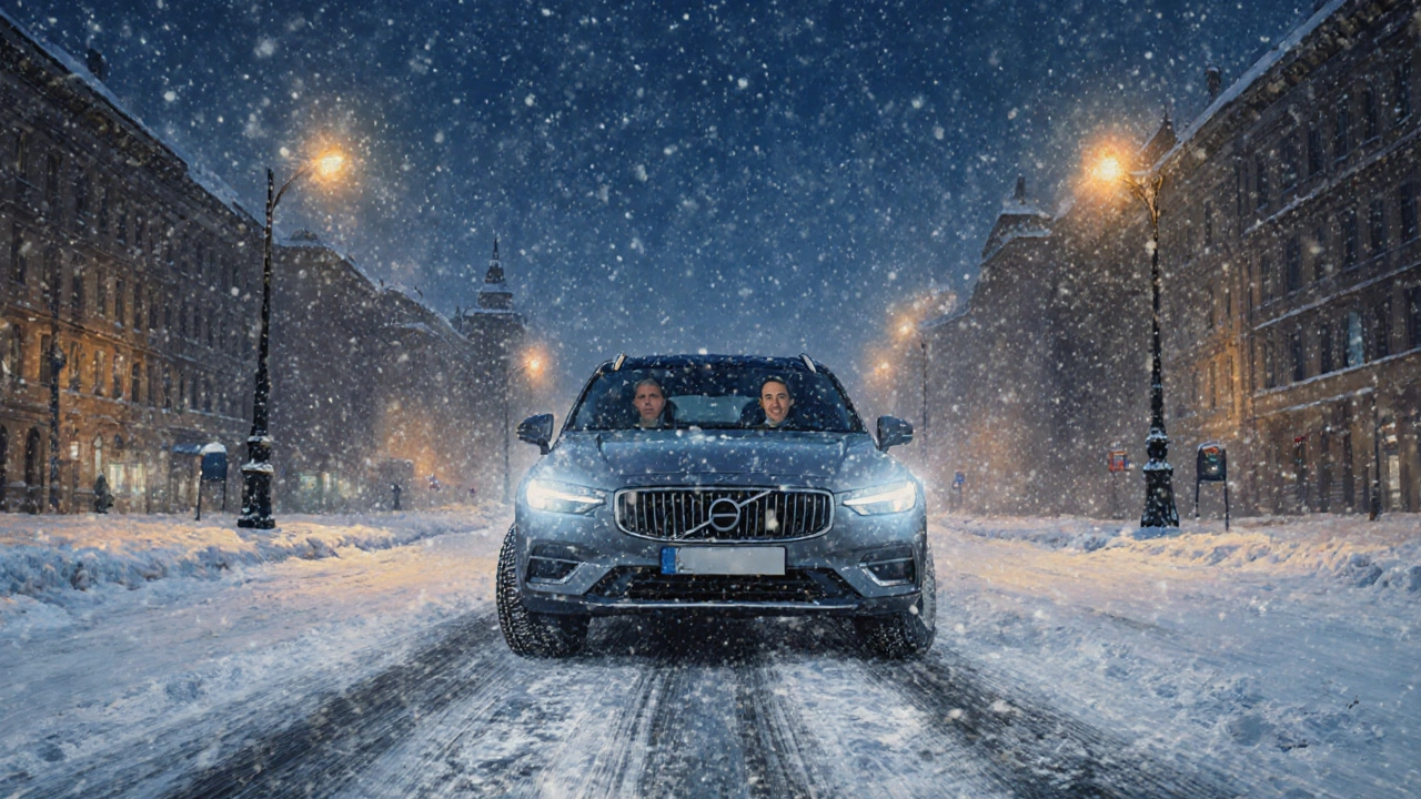 Автомобиль с всепогодными шинами едет по заснеженной ночной улице Калининграда, сверкает под фонарями.