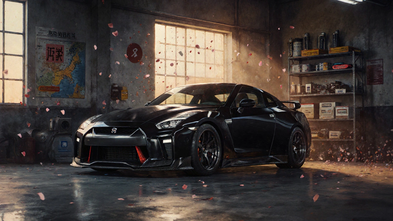 Гараж в России с модифицированным Nissan GT‑R и полками, заполненными деталями JDM.