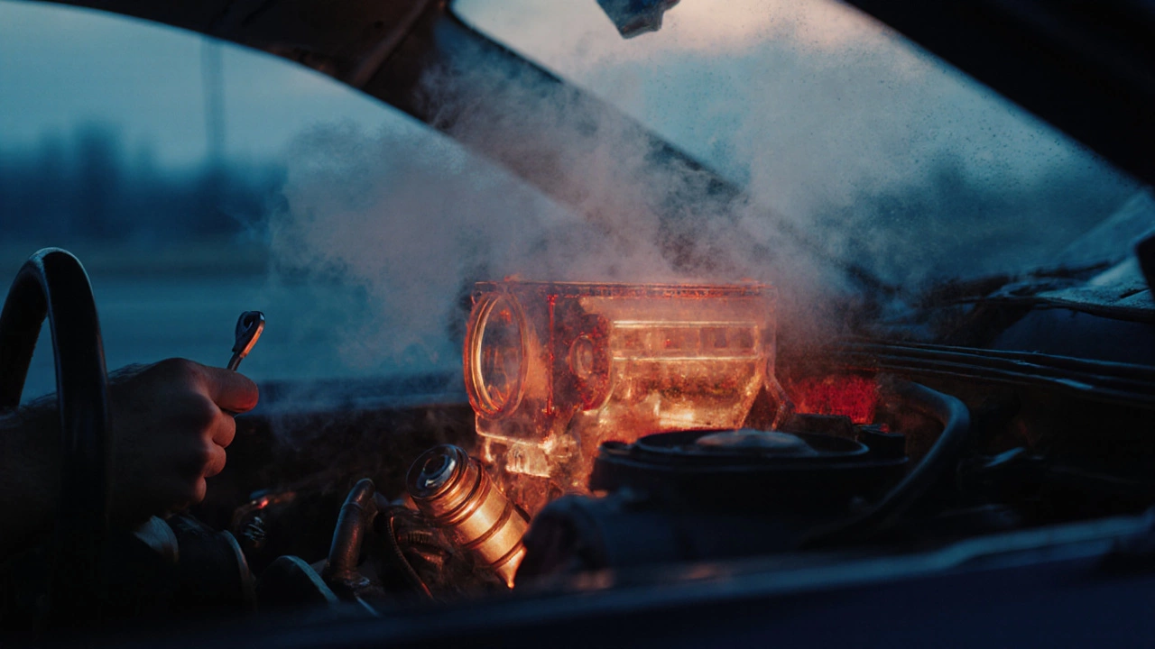 Холодный запуск двигателя на рассвете, внутри видны изношенные детали, вызывающие трение.