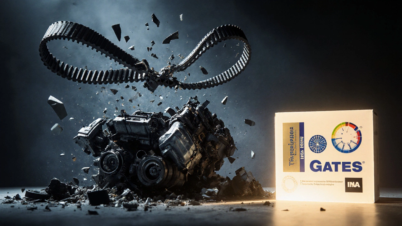 Ломающийся ремень ГРМ и разрушенный двигатель на фоне светящегося нового комплекта.