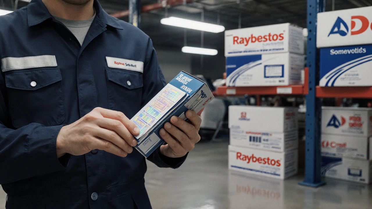 Механик проверяет оригинальную упаковку тормозных колодок Raybestos и AC Delco в гараже.