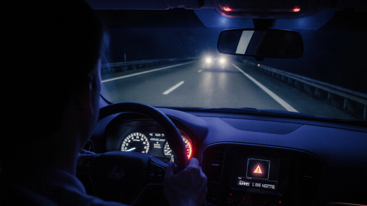 Ночной кадр автомобиля с мигающими LED‑фарами, видимым нагревом и обеспокоенным водителем.