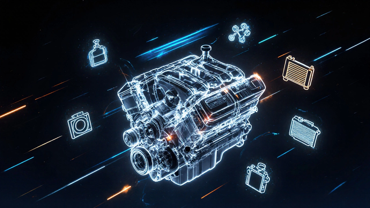 Прозрачный двигатель с усиленными внутренними деталями и потоками энергии, символизирующими увеличение мощности.