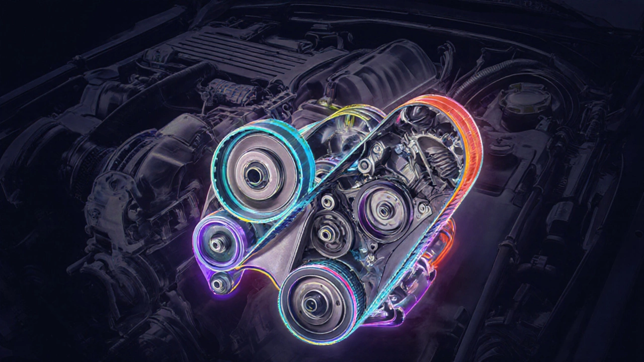 Разрез двигателя с ремнём ГРМ, натяжителем, роликом и водяным насосом, выделенными цветом.