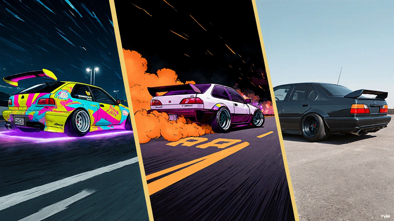 Три автомобиля: Bosozoku с яркими спойлерами, drift‑кар с дымом и stance‑кар с наклонными колесами.