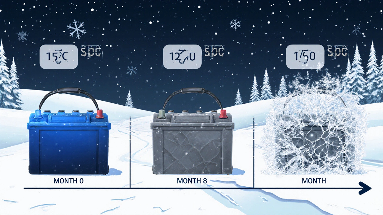 Визуальная линия времени: аккумулятор теряет энергию за 12 месяцев, от ярко-синего до покрытого инеем, на фоне зимнего пейзажа.