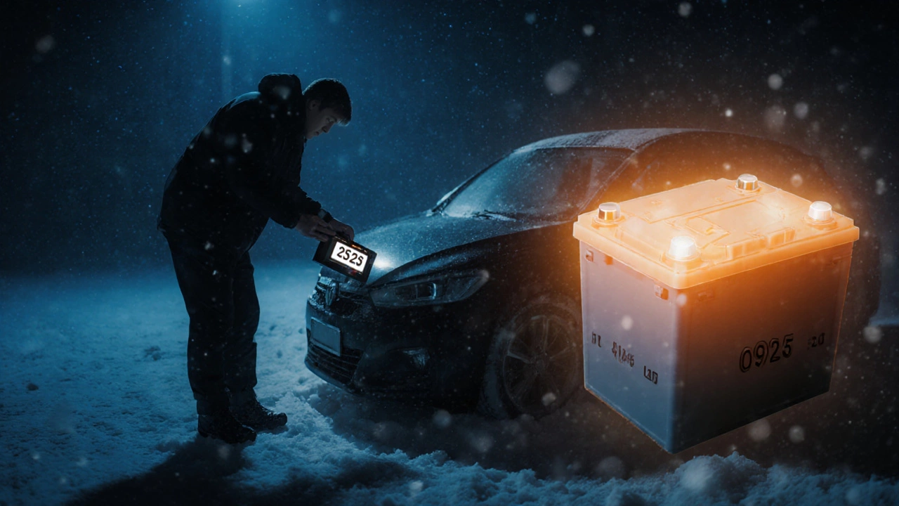 Водитель у заглохшей машины в снегу держит старый аккумулятор с кодом 2523, рядом — свежий с кодом 0925, контраст теплого и холодного света.
