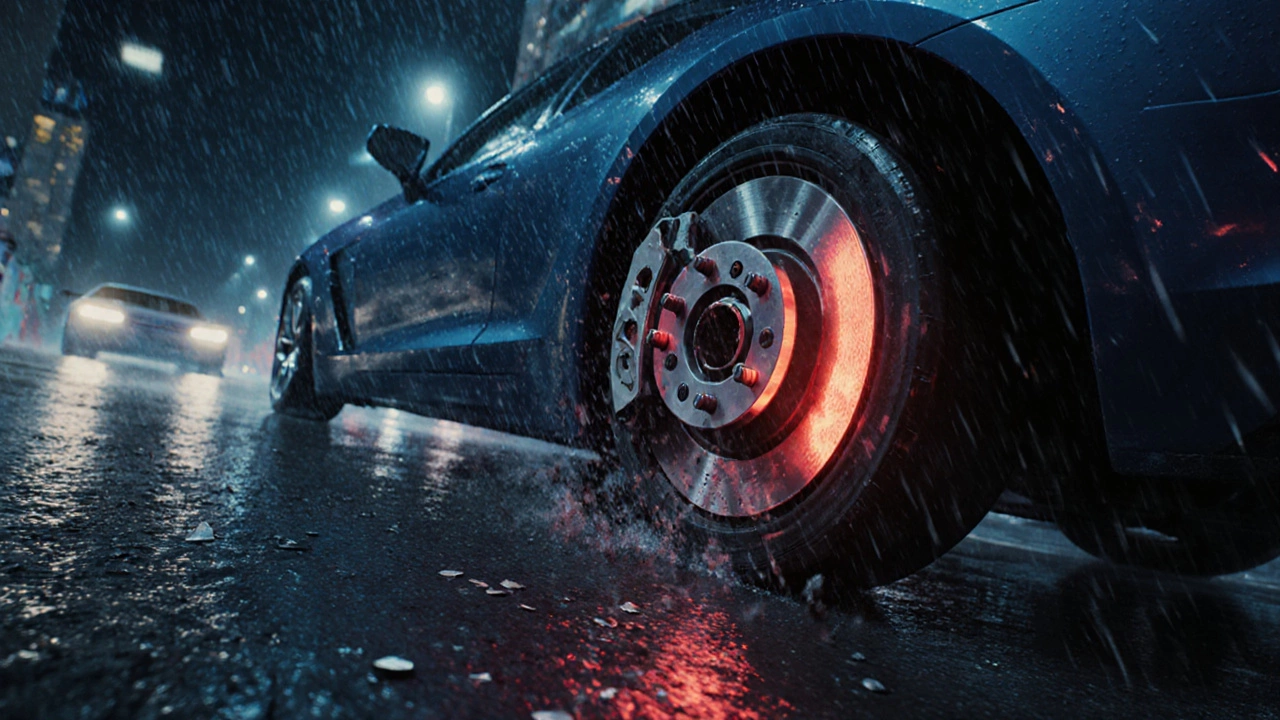 Автомобиль на мокрой улице с видимыми металлическими частицами от изношенных тормозов.