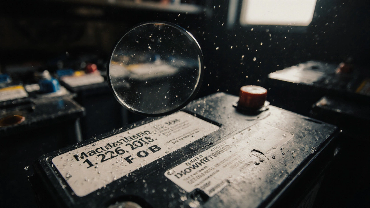 Ближний план этикетки аккумулятора с датой производства 1225, рядом — старые и поврежденные аккумуляторы на полке.