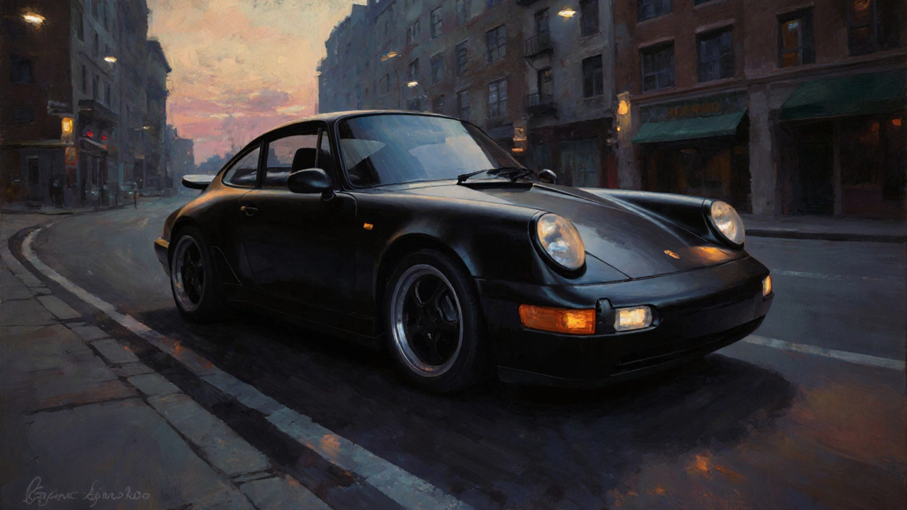 Чёрный Porsche 911 964 в тихом городском окружении, без лишних деталей, с отражениями уличного света.