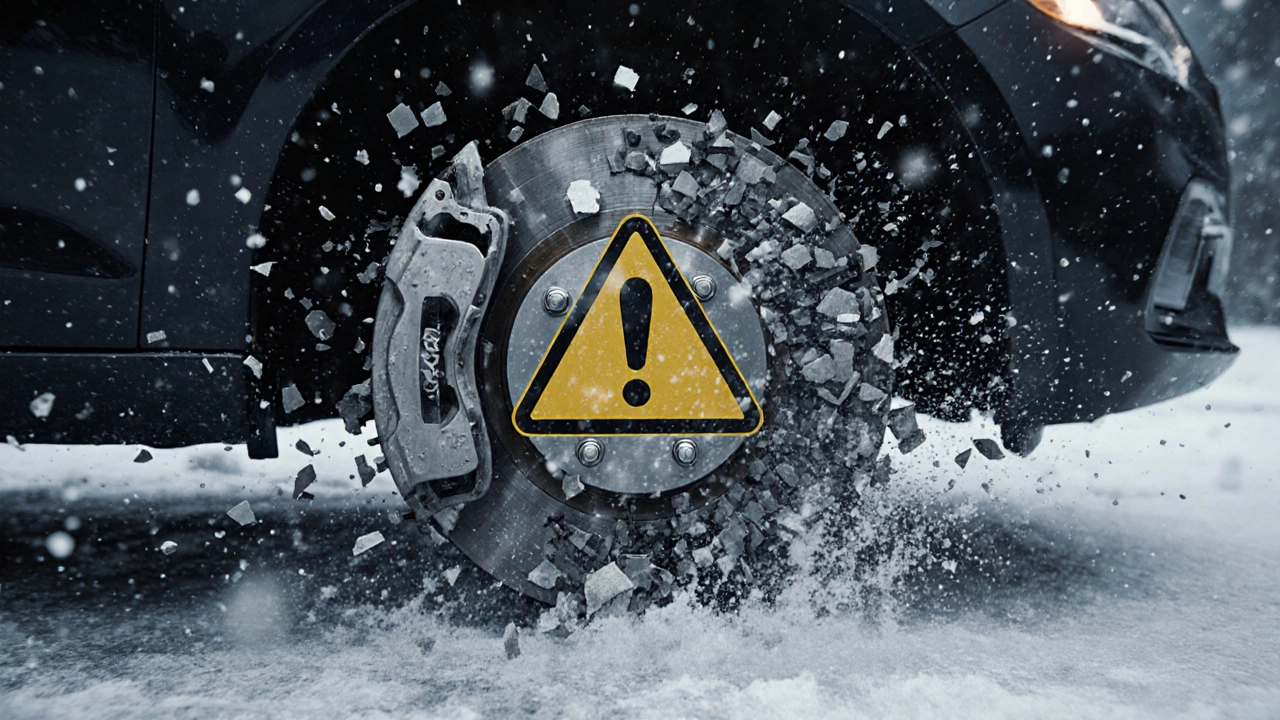 Машина скользит на льду, тормозные колодки разрушаются, их осколки формируют знак остановки — символ опасности несвоевременной замены.