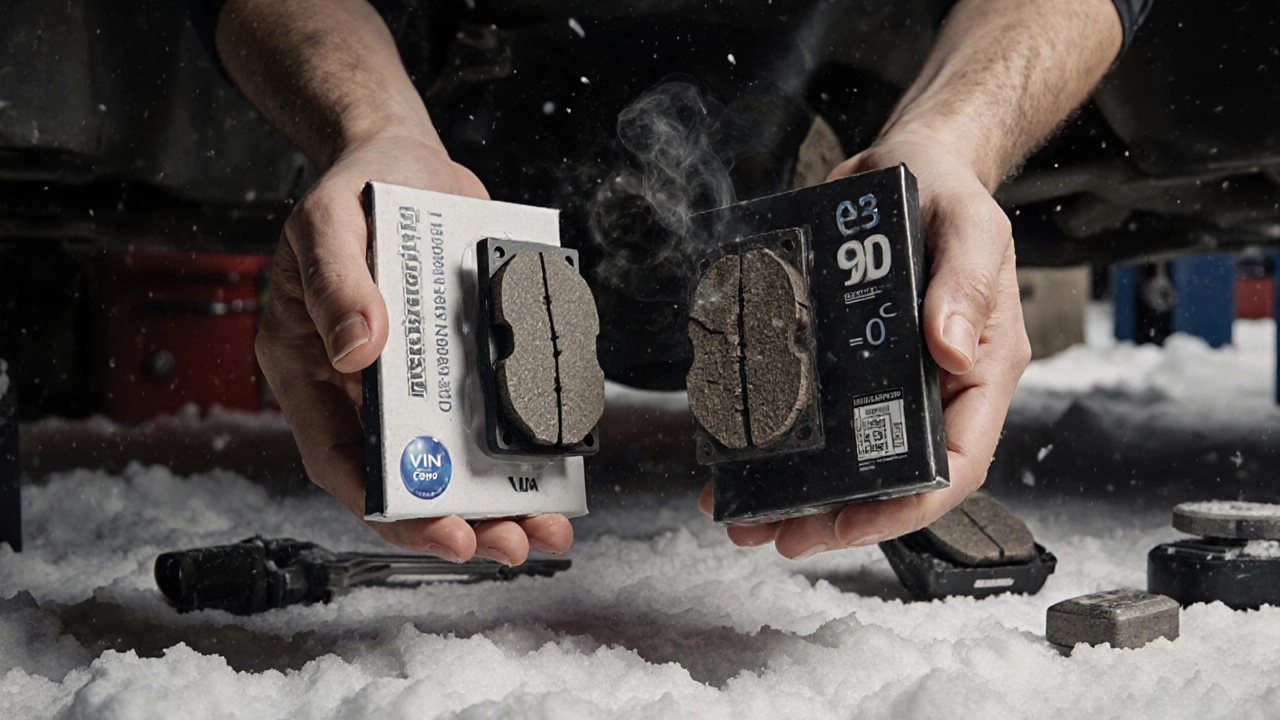 Механик держит настоящие и поддельные тормозные колодки, рядом — упаковка с маркировкой ECE R90 и VIN-наклейка.