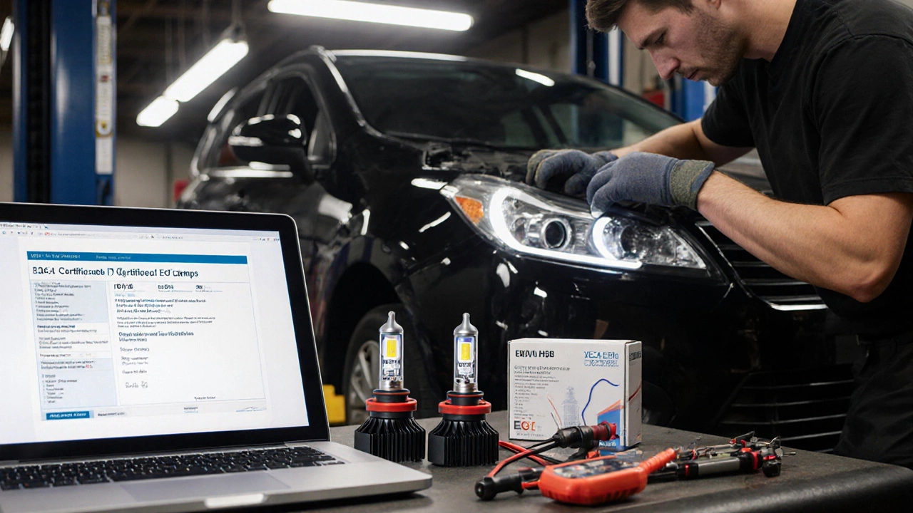 Механик устанавливает сертифицированные светодиодные лампы в гараже, рядом — упаковки с маркировкой ECE R128.