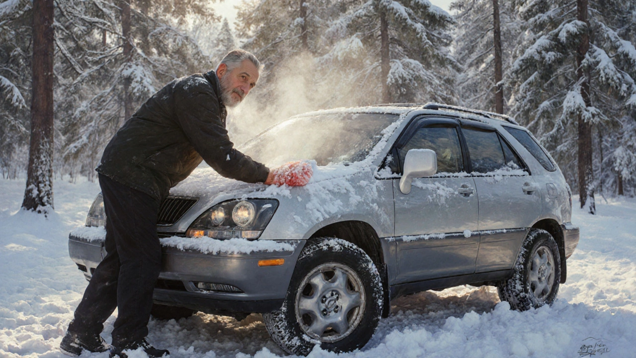 Мужчина чистит снег с Lexus RX зимой, за окном — сосны, в салоне тепло и уютно.