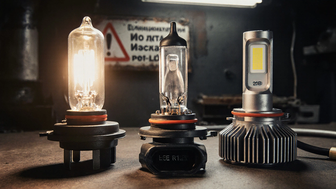 На рабочем столе лежат три типа автомобильных ламп: галогеновая, ксеноновая и светодиодная с сертификатом ECE R128.