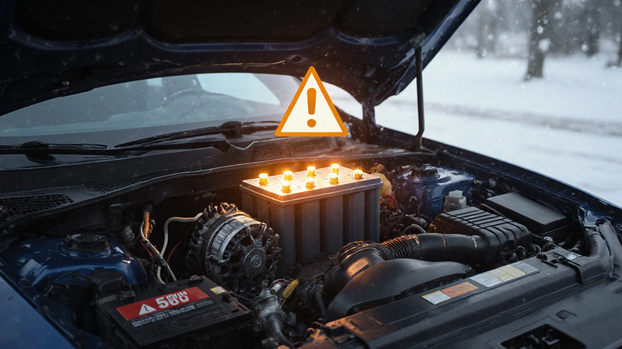 Перегруженный аккумулятор 60 Ач в моторном отсеке вызывает напряжение в проводах и предупреждающий знак над генератором.