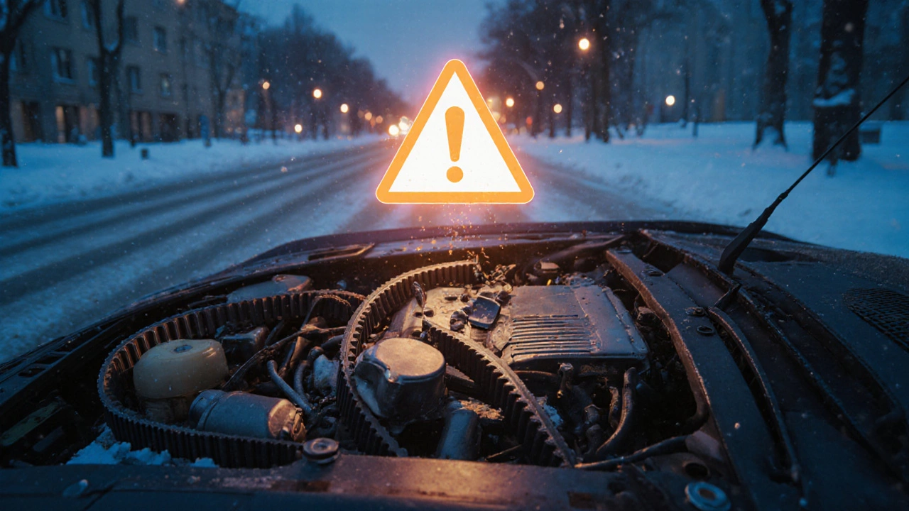 Разрушающийся ремень ГРМ внутри прозрачной крышки на фоне снежной зимней дороги