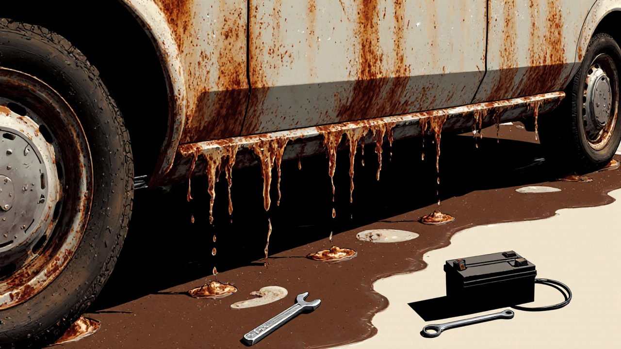 Ржавчина на днище автомобиля, капли воды и обнажённая сталь под дверными порогами.