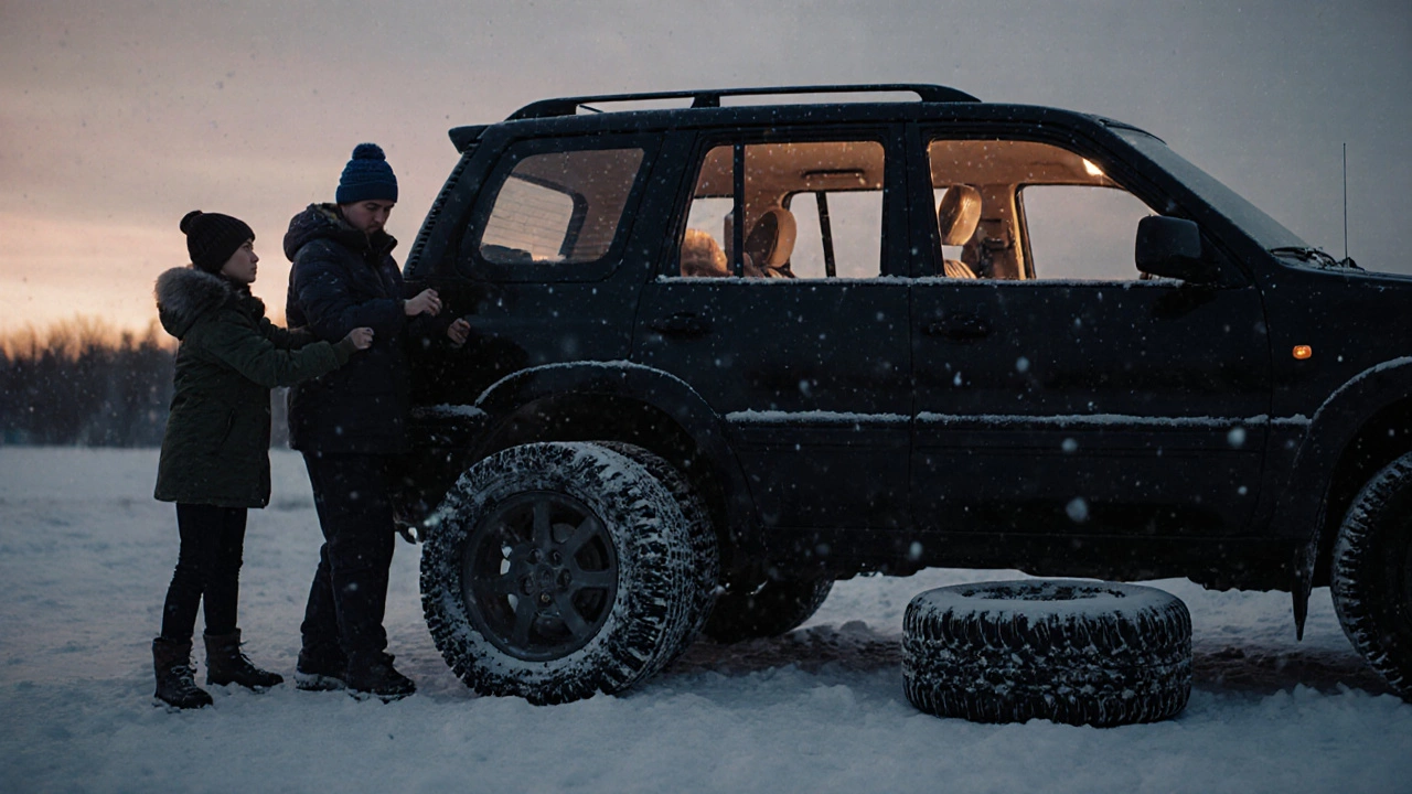 Семья загружает зимние шины на SUV, шипованные впереди, всесезонные в тени.