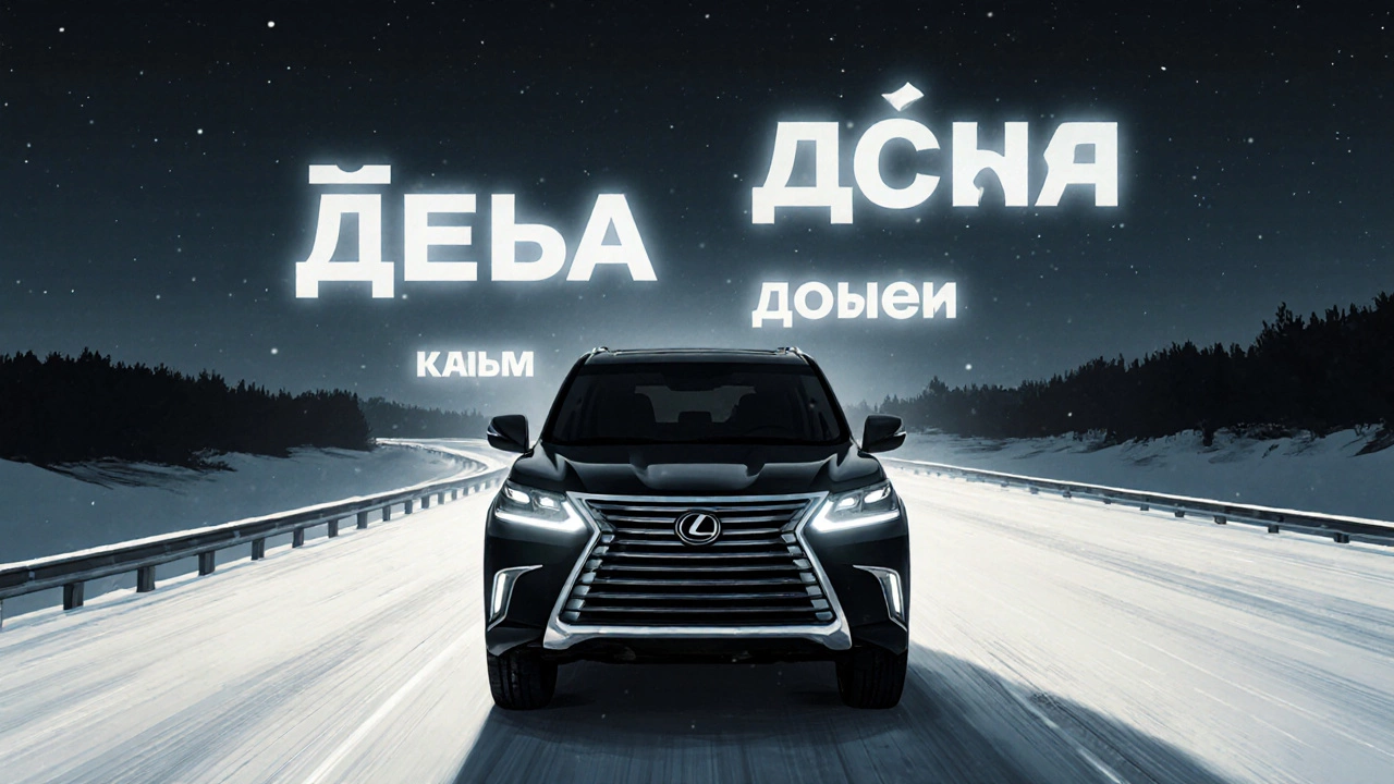 Силуэт Lexus LX на заснеженной дороге ночью, вокруг — едва видимые русские прозвища машины.