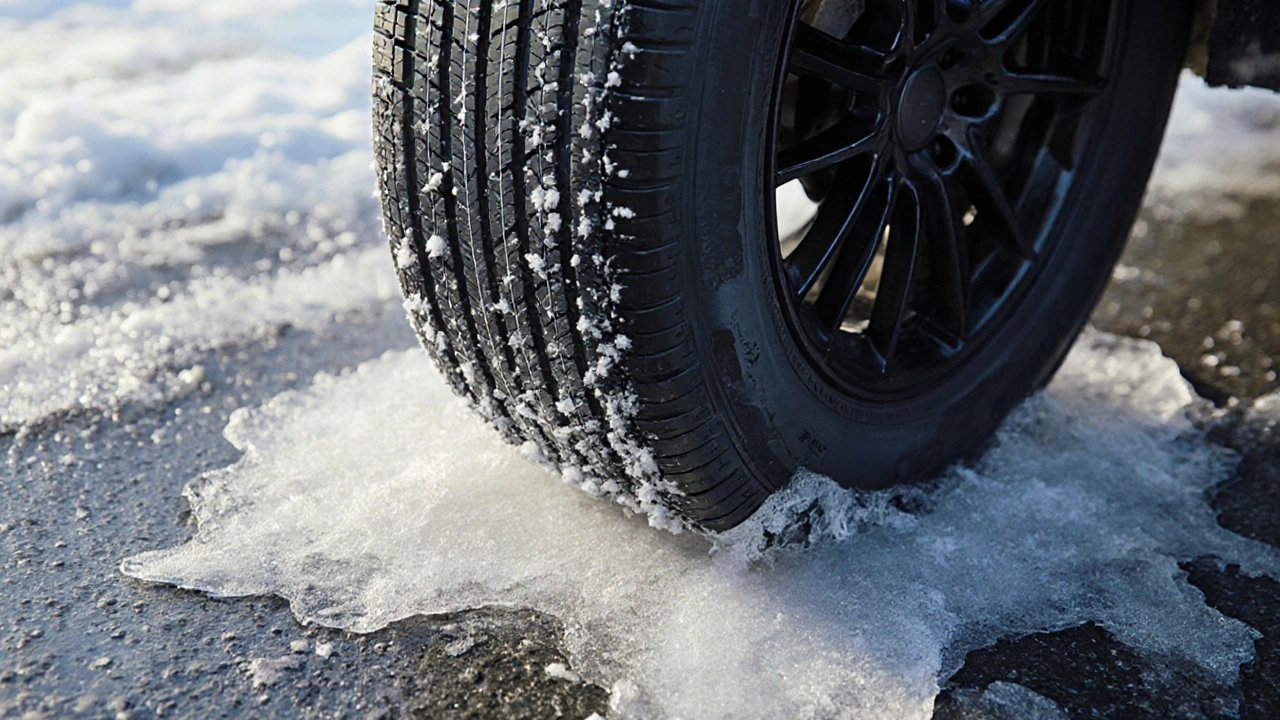 Современная зимняя резина без шипов цепляется за смесь снега, льда и мокрого асфальта, видны детали протектора.