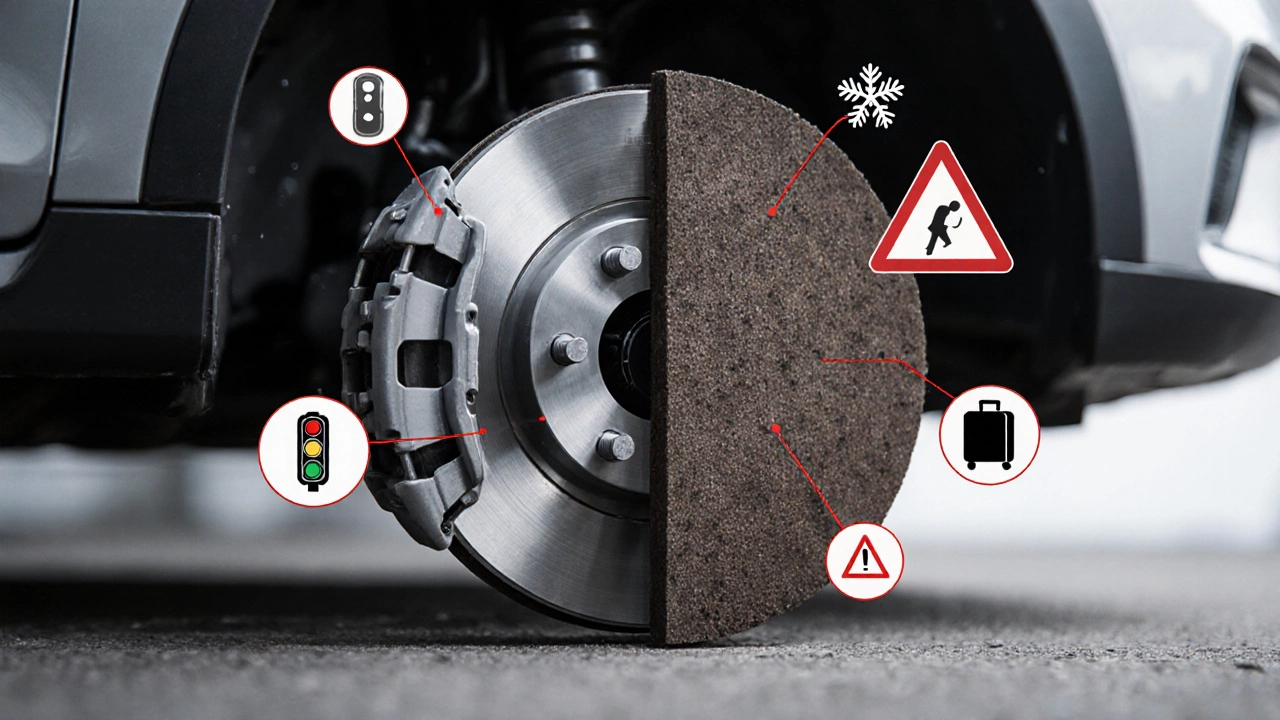 Сравнение новых и изношенных тормозных колодок с символами влияющих факторов.