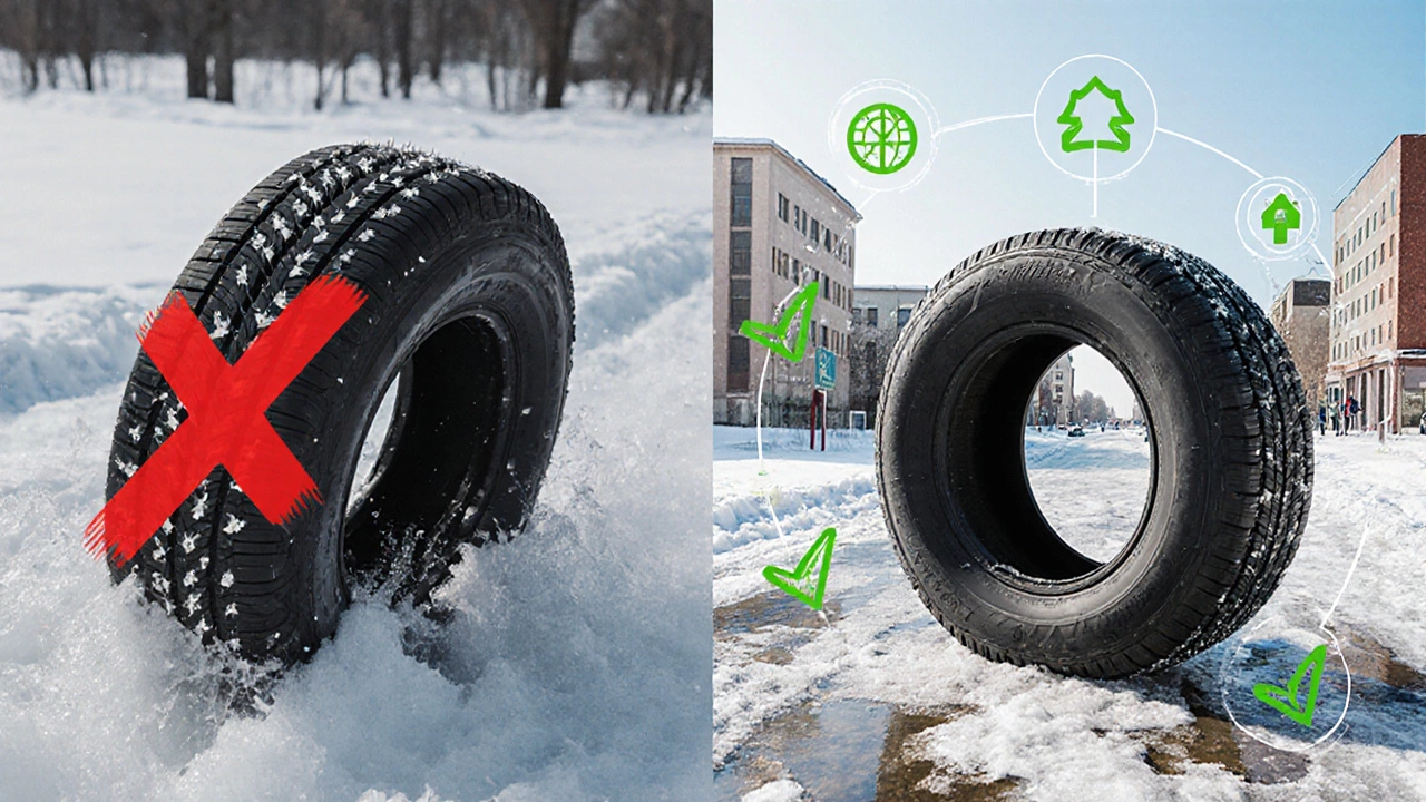 Сравнение: шипы скользят в слякоти, а липучка уверенно держит дорогу в городских зимних условиях.