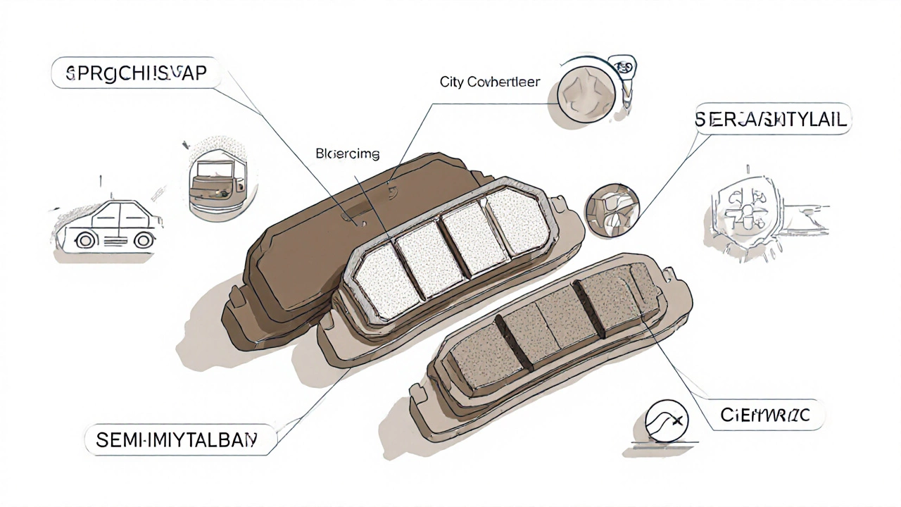 Сравнение трёх типов тормозных колодок: органических, полуметаллических и керамических с маркировкой состава.