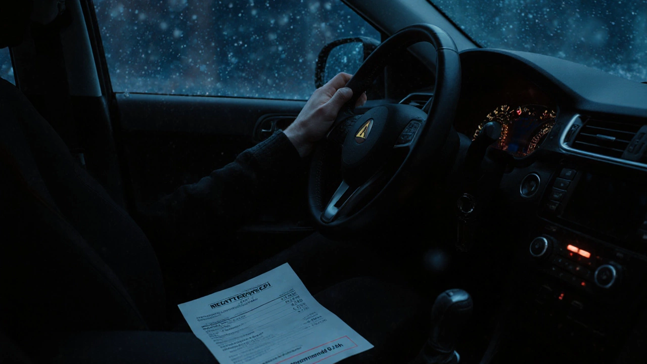 В салоне машины ночью горит предупреждающая лампочка аккумулятора, на пассажирском сиденье лежит чек и руководство с пометкой.