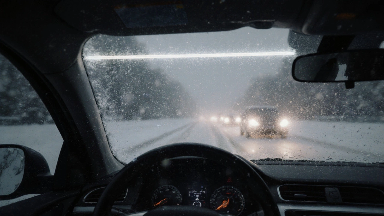 Вид из салона автомобиля в снежную ночь: четкая граница света от LED-фар, встречные ослепляющие фары размыты.