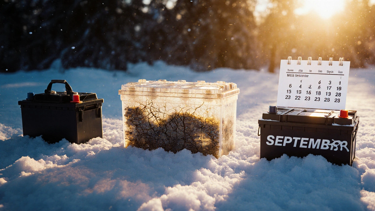 Визуальная хронология срока службы аккумулятора: новый, в процессе износа и замена осенью.