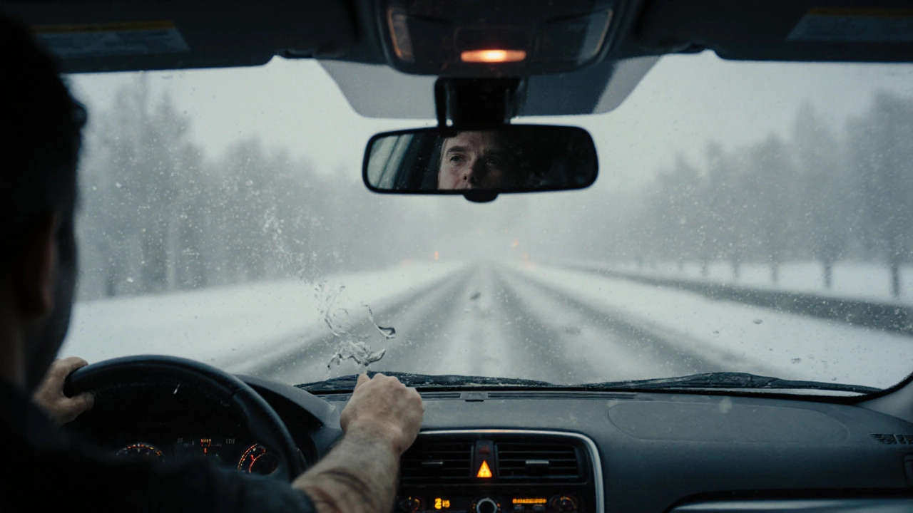 Водитель нажимает на тормозную педаль, которая вибрирует, в салоне горит предупреждающий индикатор, за окном — скользкая дорога.
