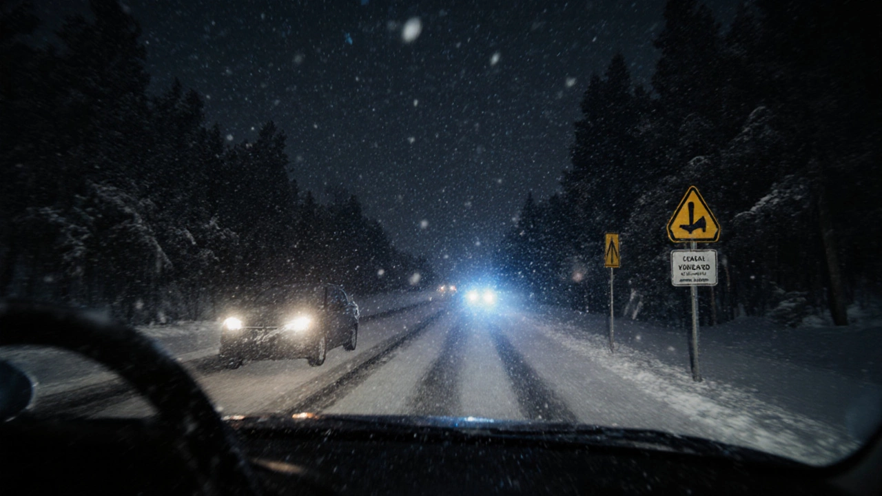 Водитель видит чёткое освещение дороги светодиодными фарами в снегопад, а в зеркале — ослепляющие ксеноновые огни.