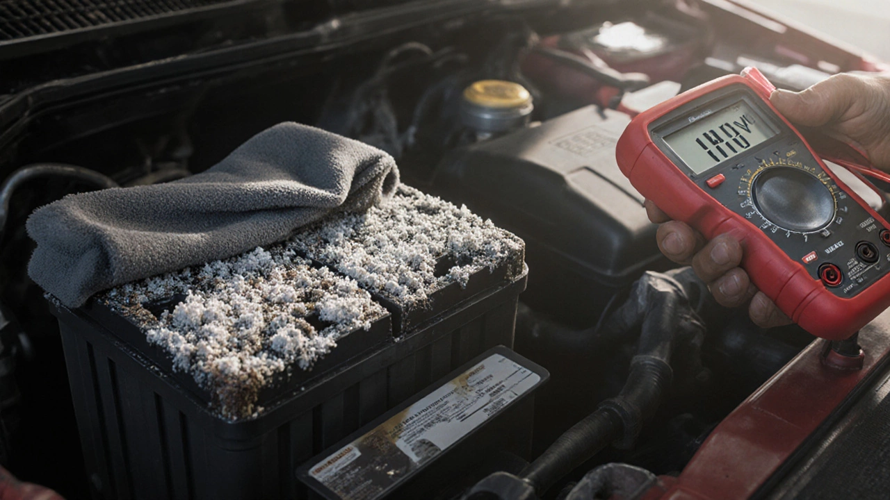 Зачищенные клеммы аккумулятора с защитной пастой и мультиметром, показывающим нормальное напряжение.