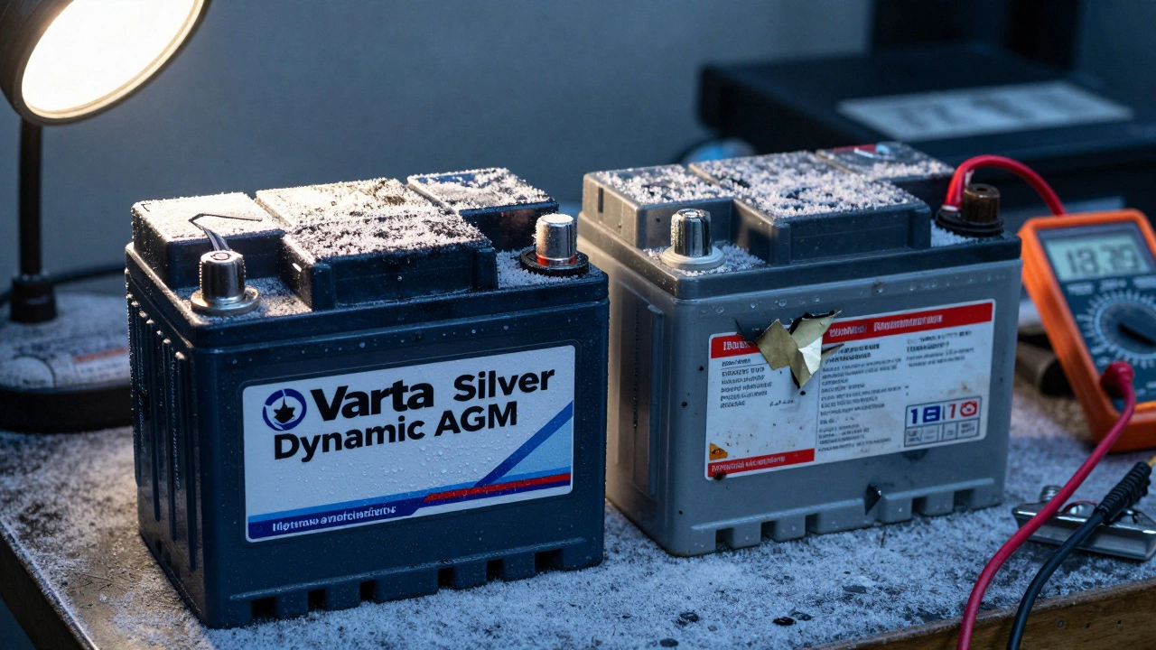 Две автомобильные батареи на ледяной стойке: премиальная Varta AGM и поврежденная дешевая, рядом мультиметр