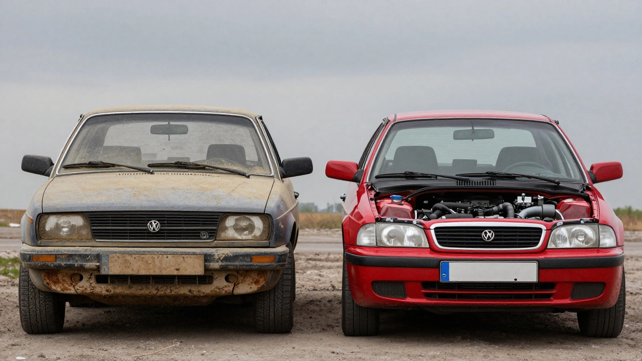Две машины: одна с малым пробегом и признаками бездействия, другая с высоким пробегом и признаками обслуживания.