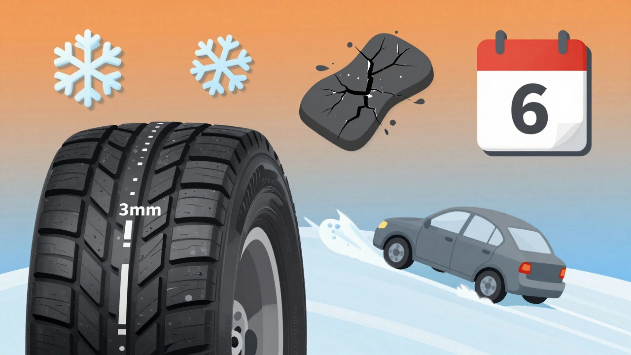 Иллюстрация шины с глубиной протектора 3 мм и символами зимы, износа и времени.