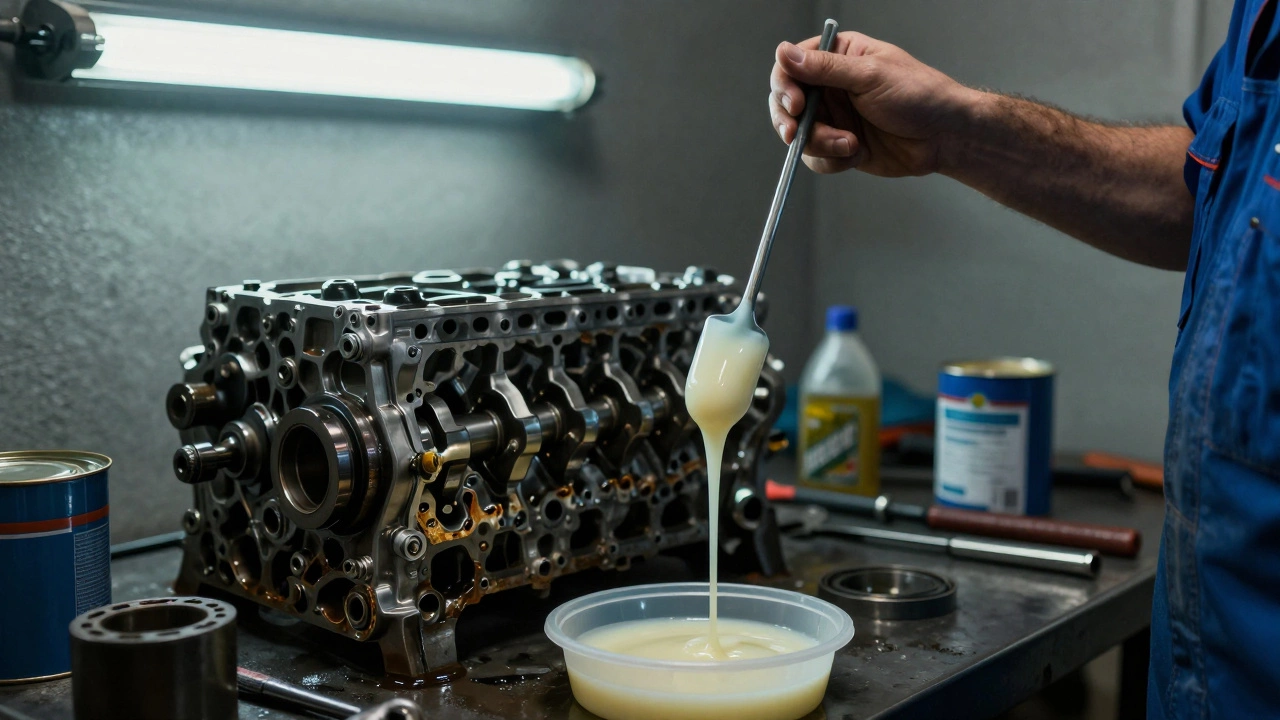 Механик держит щуп с молочной эмульсией, рядом открытый блок двигателя с изношенными вкладышами.