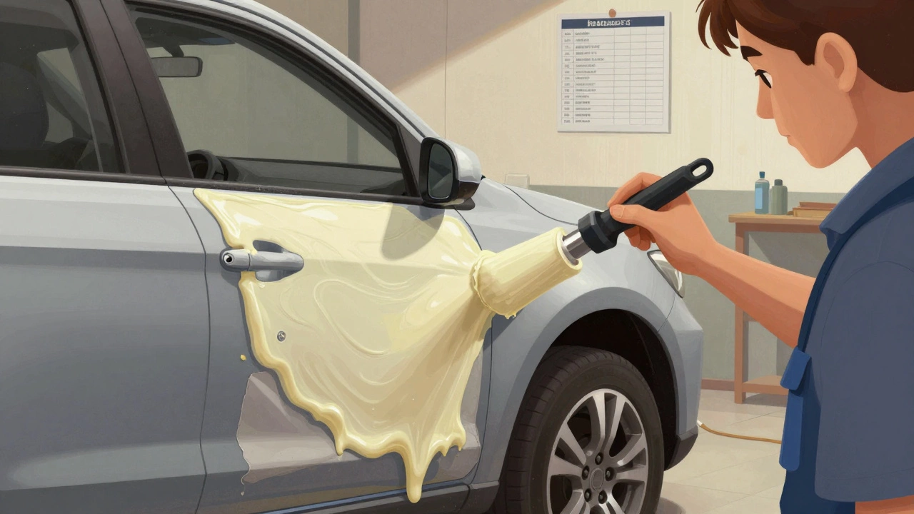 Механик наносит антикоррозийную пасту внутрь полостей кузова после снятия накладок.