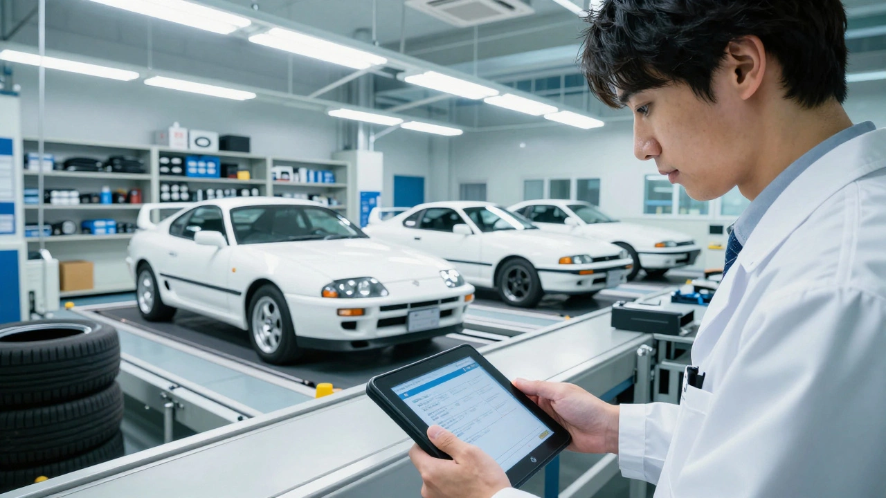 Механик проверяет Toyota Supra с диагностическим планшетом в техцентре.