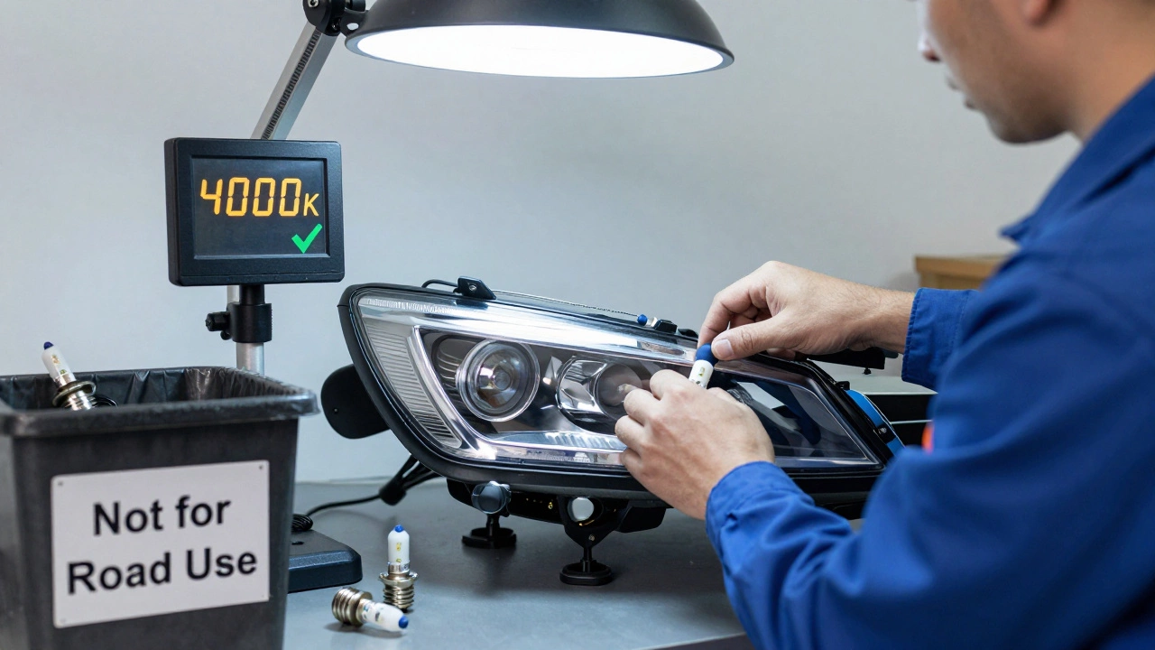 Механик регулирует фары с отметкой 4000К, рядом — бракованные синие лампы.