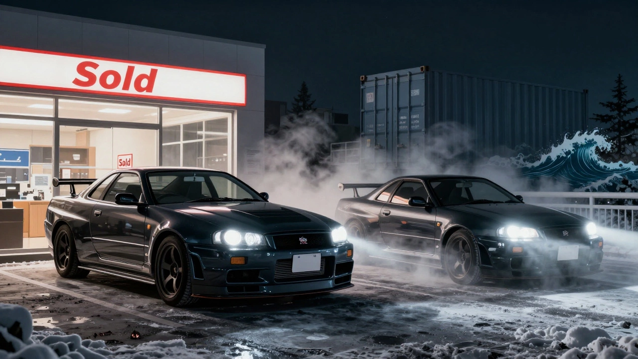 Nissan Skyline GT-R дрифтирует на снежной дороге в России после перевозки из Японии.