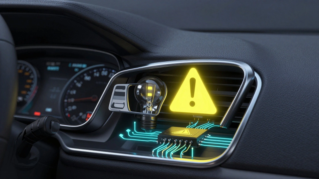 Панель приборов автомобиля с ошибкой неисправности фары и слабым светодиодным светом внутри фары.