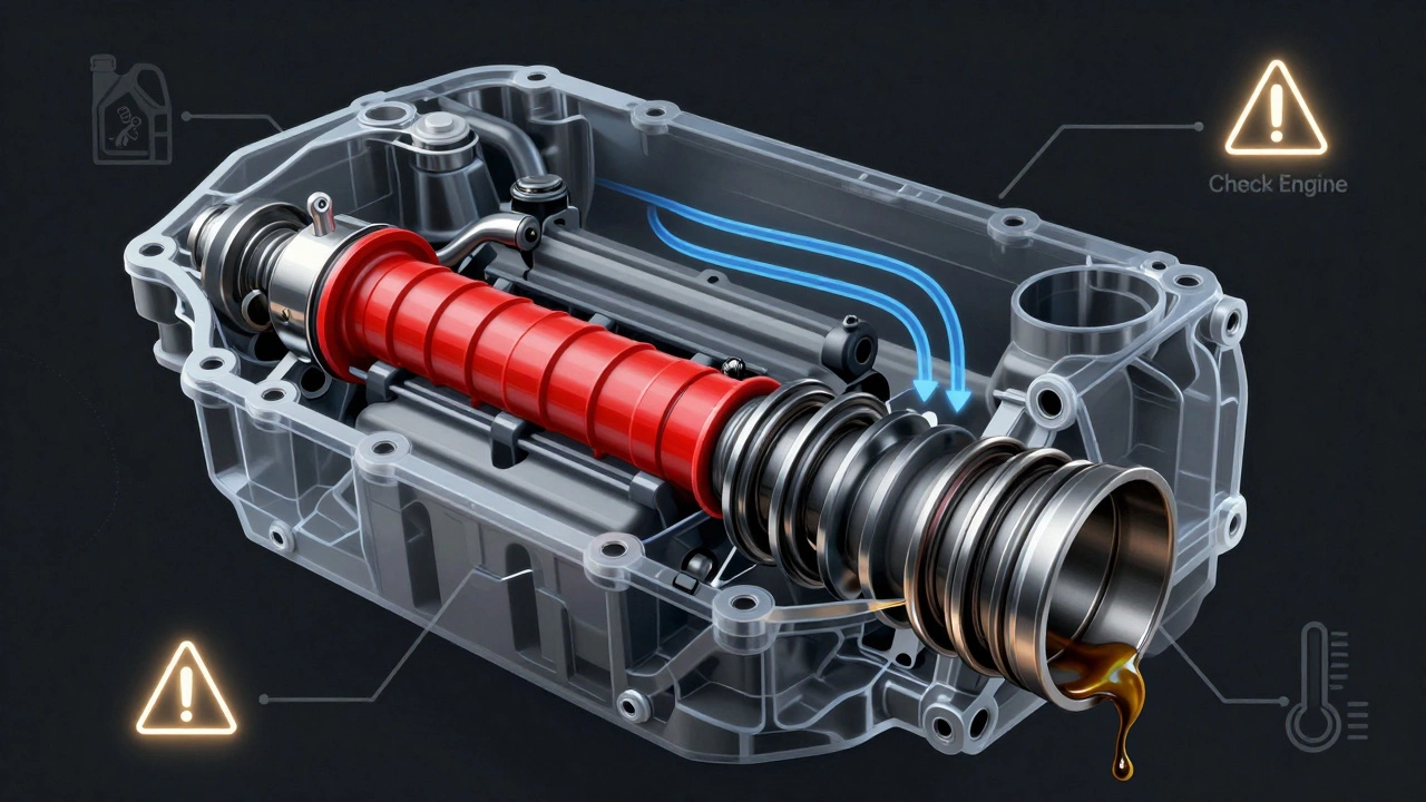 Прозрачный двигатель с对比: один цилиндр в норме, другой с изношенными кольцами и утечкой масла.