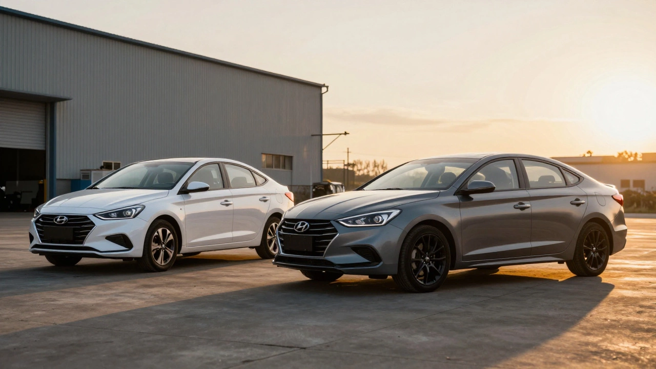 Разделенная композиция: обычный Hyundai Solaris слева и тот же автомобиль после стайлинга справа.