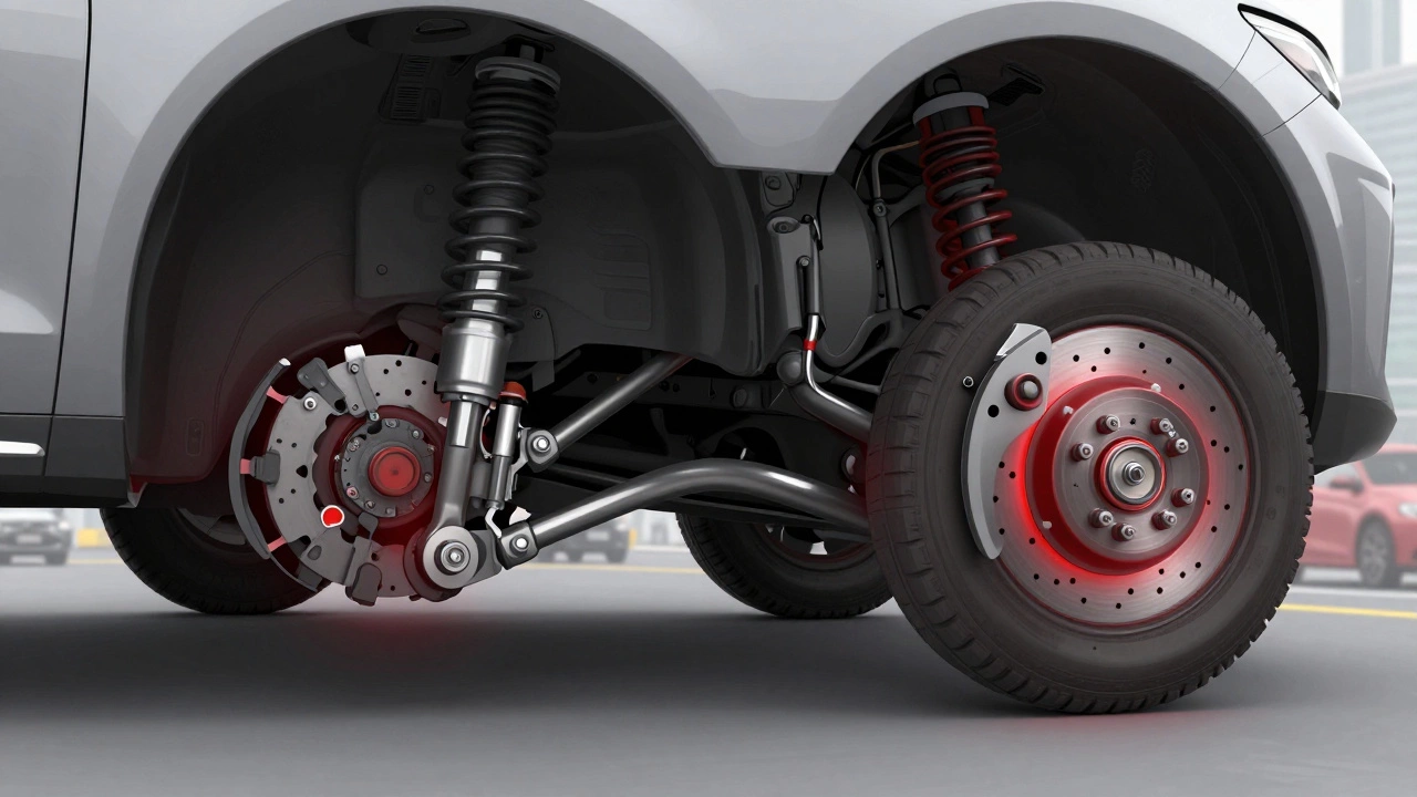 Разрез автомобиля, показывающий разрушающую нагрузку от больших дисков на подвеску и тормоза.