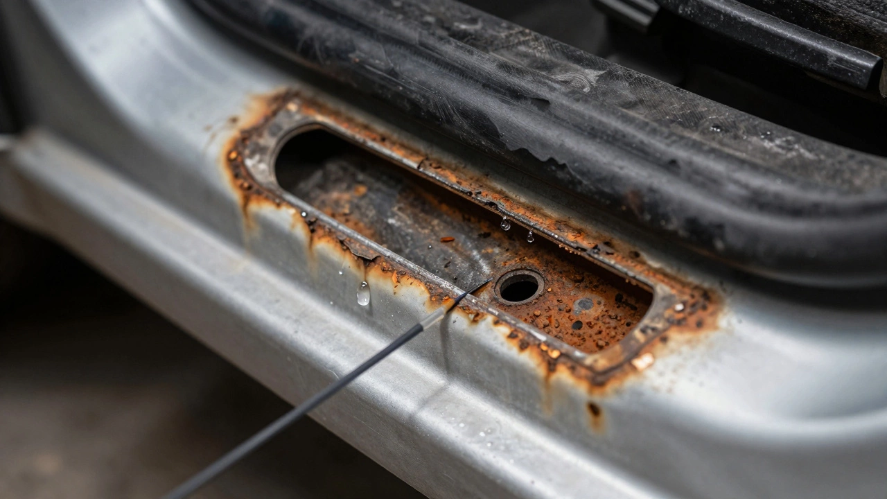 Разрез порога автомобиля, показывающий внутреннюю коррозию и введение антикоррозийного состава.