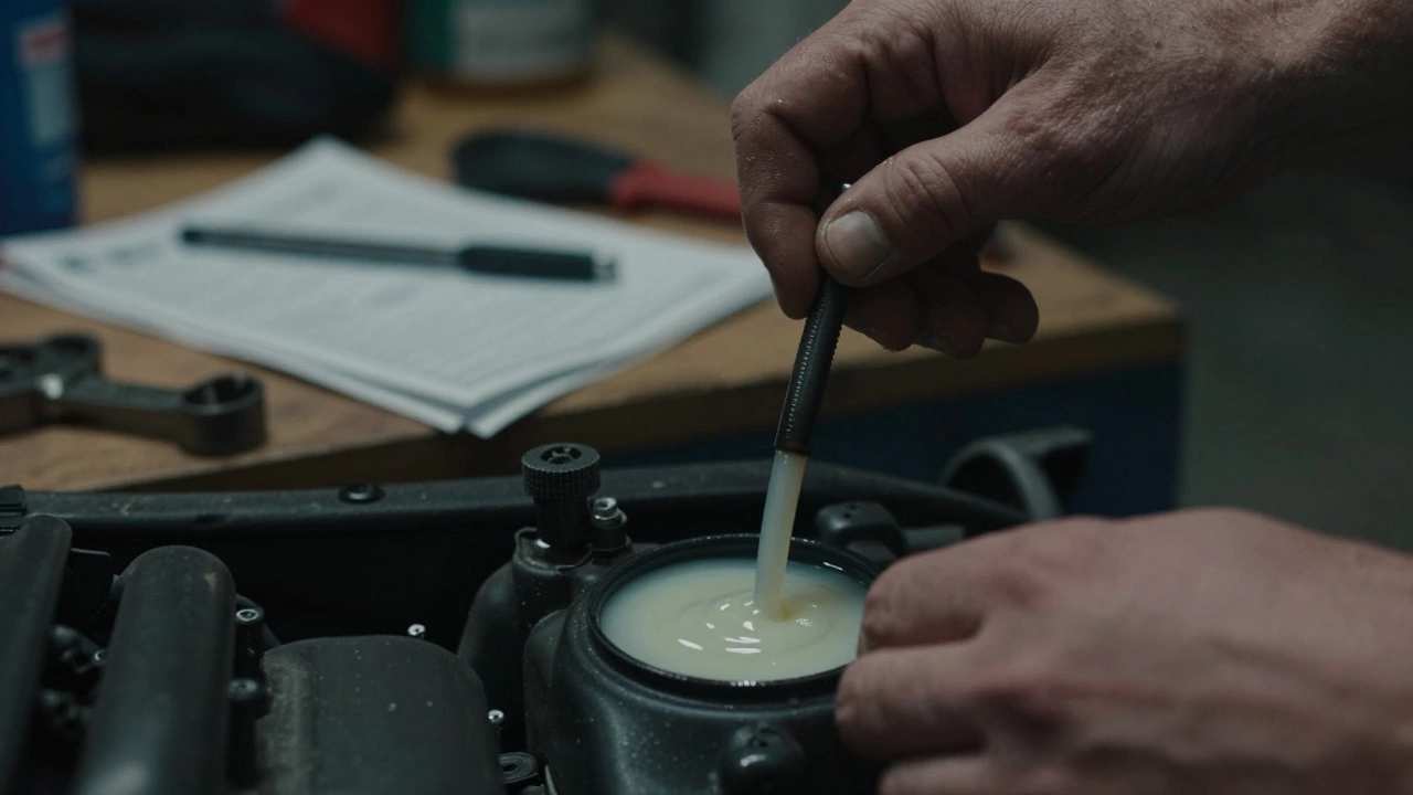 Руки механика проверяют моторное масло на щупе, масло мутное, как эмульсия, на фоне инструментов и чеков.