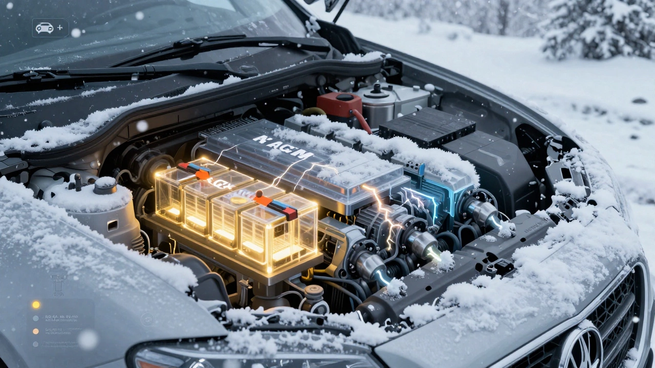 Схематичное изображение двигателя, запускаемого в бурю, с внутренними компонентами аккумулятора, светящимися в снегу