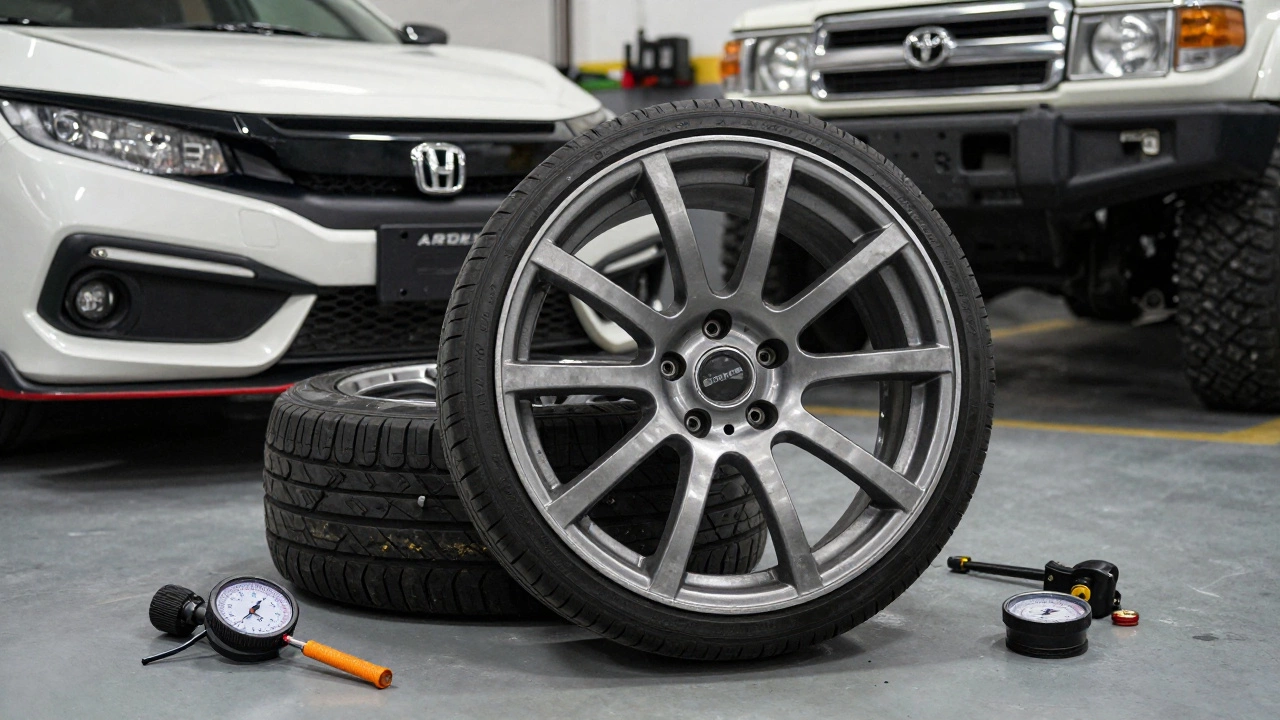 Сравнение обычного диска 18 дюймов и поврежденного диска 22 дюйма на фоне двух автомобилей.